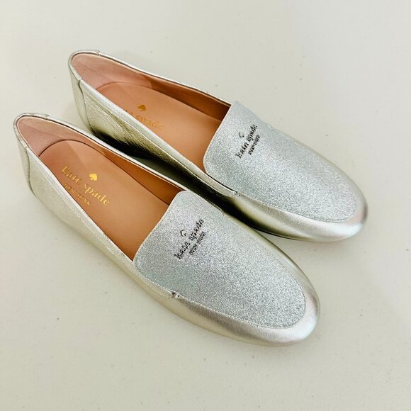 NEW KATE SPADE NEW YORK CITY NIGHTS METALLIC SILVER LEATHER LOAFERS SHOES - Picture 1 of 8